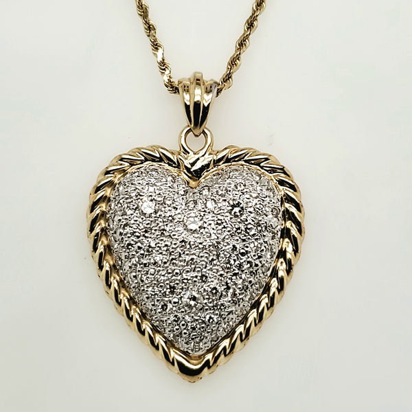 Large 14kt Yellow Gold Pave Set Diamond Heart Pendant