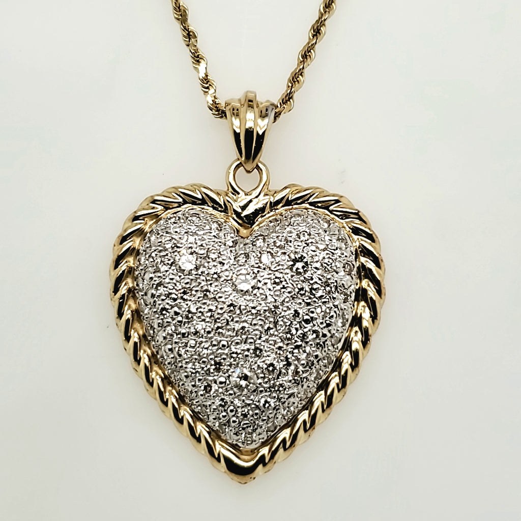 Large 14kt Yellow Gold Pave Set Diamond Heart Pendant