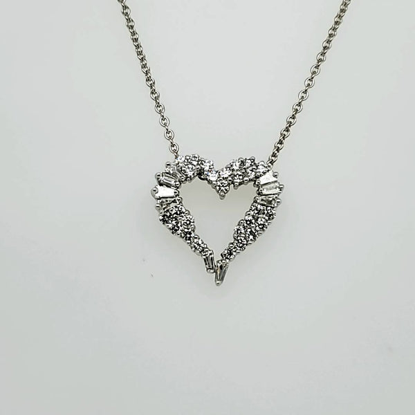 14kt White Gold Round and Baguette Cut Diamond Heart Pendant