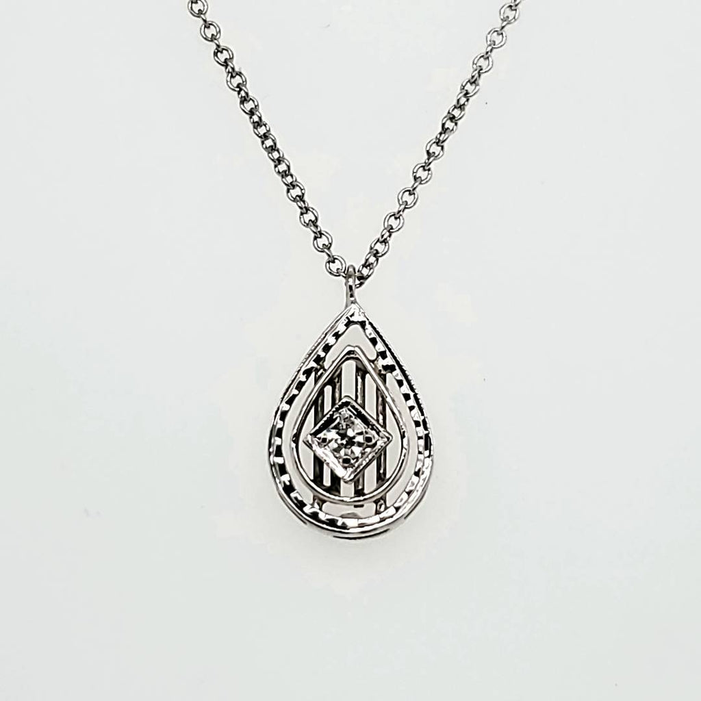 Art Deco 14Kt White Gold And Diamond Lavalier Pendant