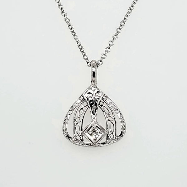 Art Deco 14Kt White Gold And Diamond Lavalier Pendant