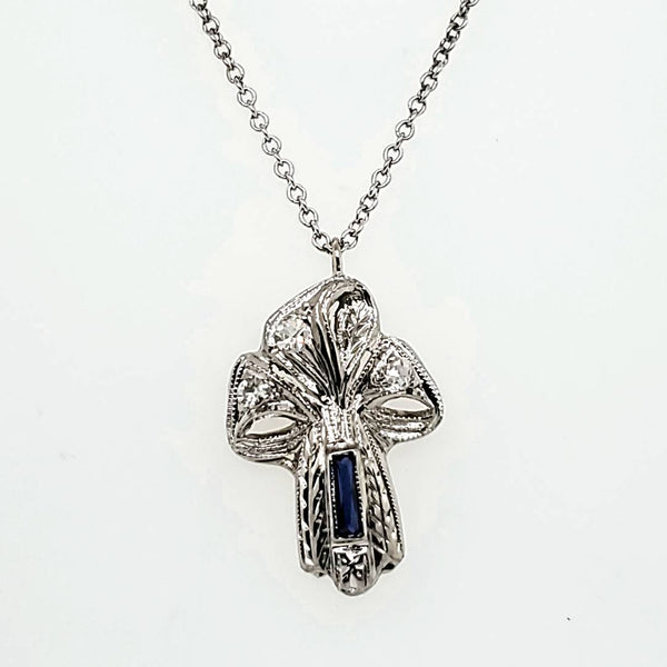 Art Deco 14kt white gold sapphire and diamond pendant necklace