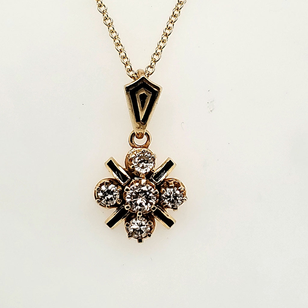 Vintage 14Kt Yellow Gold Diamond And Black Enamel Pendant Necklace