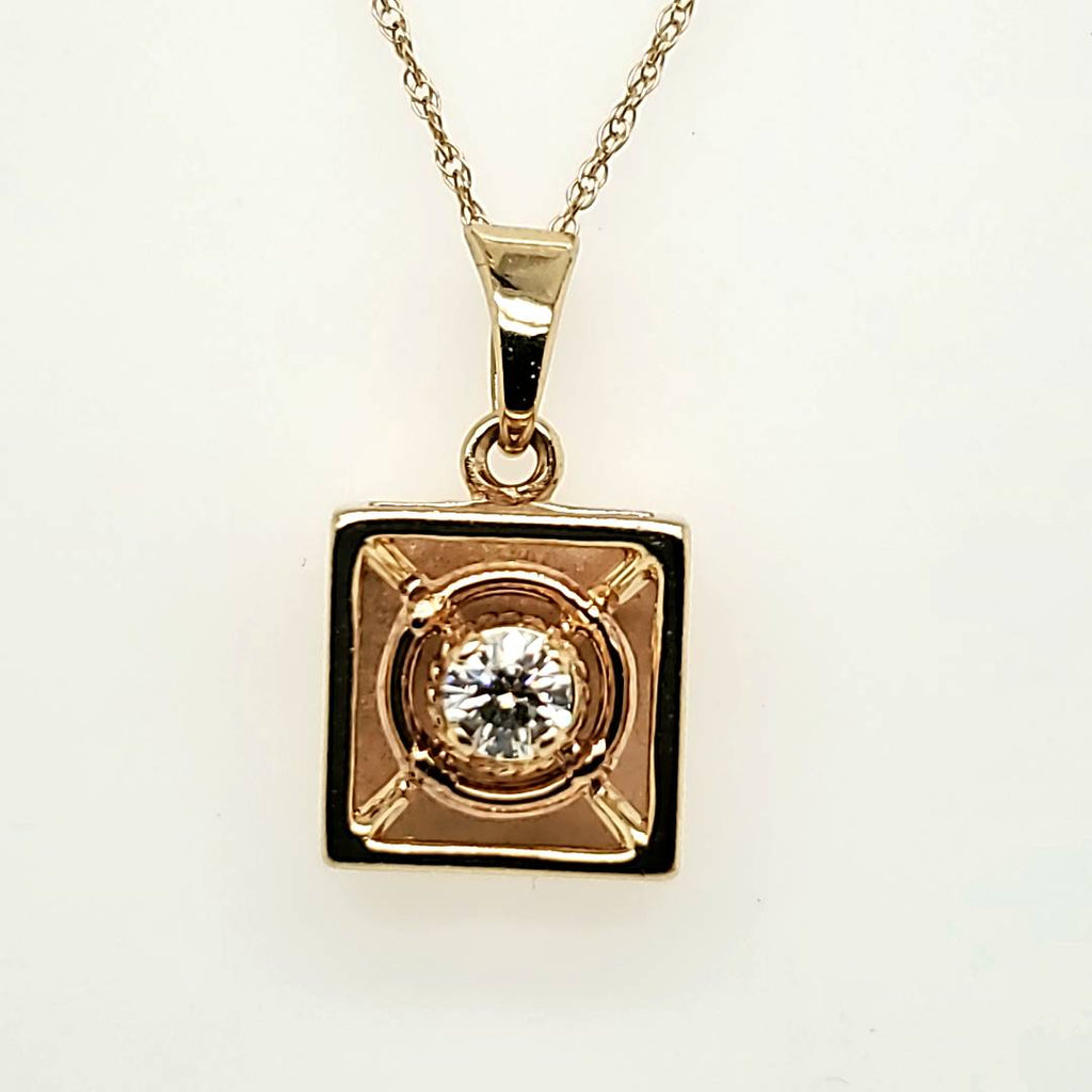 Vintage 14kt Yellow Gold and Diamond Box Pendant Necklace