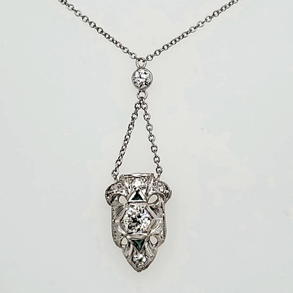 Art Deco 14kt White Gold Emerald and Diamond Pendant