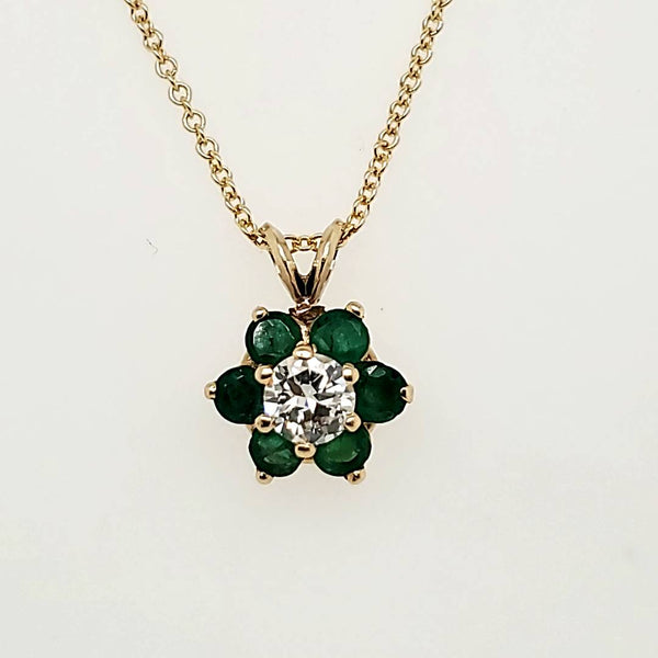 Vintage 14Kt Yellow Gold Diamond And Emerald Pendant Necklace