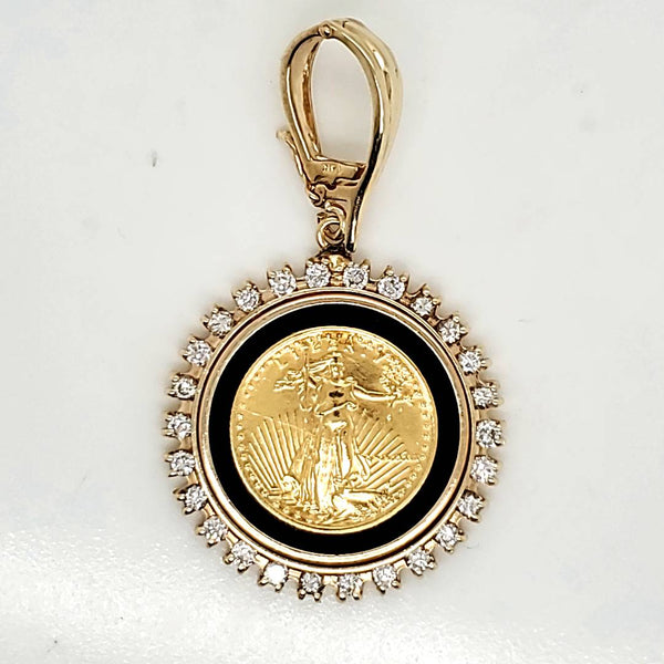 14kt Yellow Gold Diamond and Onyx Gold Coin Pendant