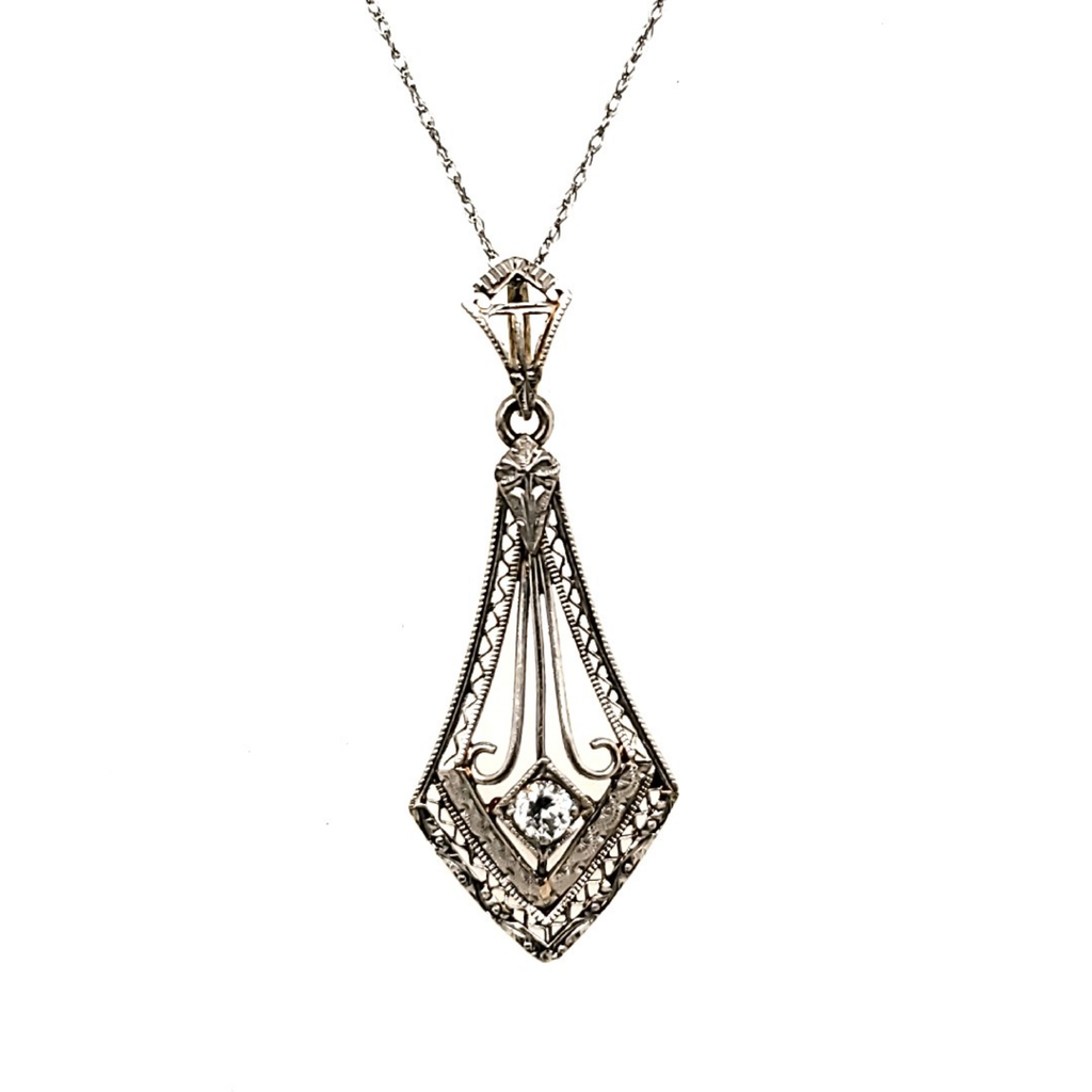 Art Deco 14Kt White Gold And Diamond Lavalier Pendant