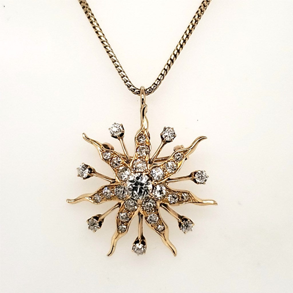 Antique Victorian 14Kt Gold And Diamond Starburst Brooch Pendant