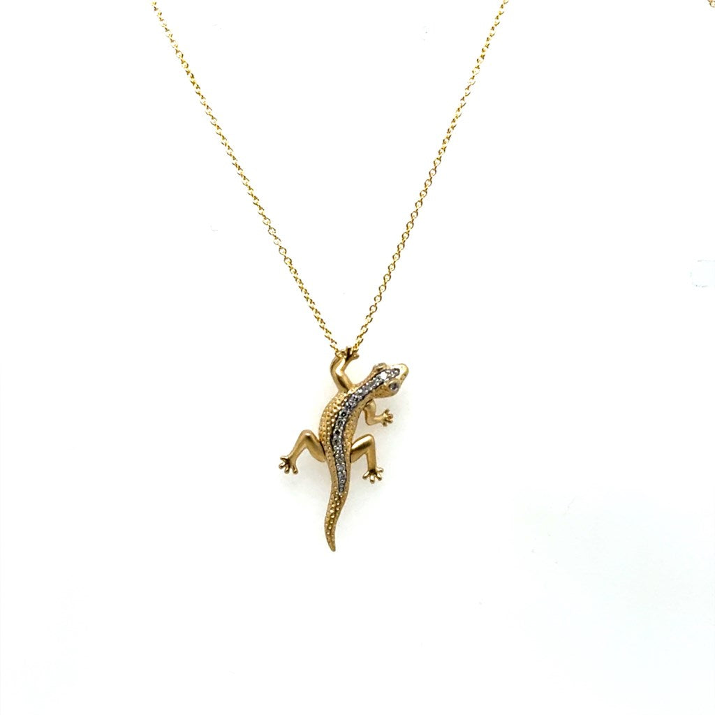 14kt Yellow Gold Diamond Gecko Lizard Pendant On Chain