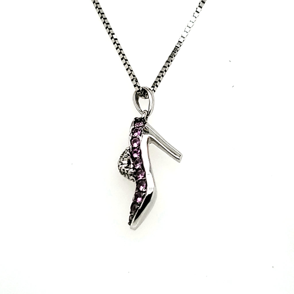 14kt White Gold Pink Sapphire and Diamond Shoe Pendant On Chain