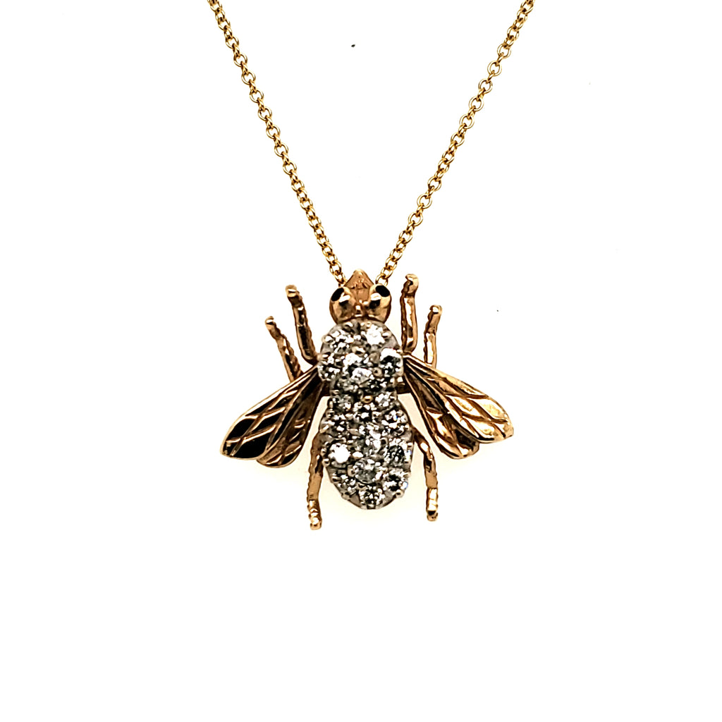 Vintage 14Kt Yellow Gold Diamond and Sapphire Bee Pendant Necklace