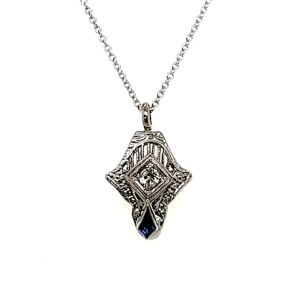 Art Deco 14kt white gold sapphire and diamond pendant necklace