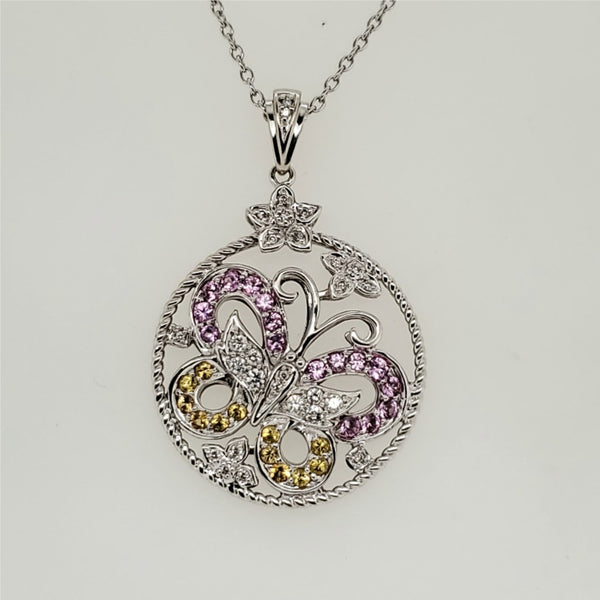 14kt White Gold Pinbk and Yellow Sapphire and Diamond Butterfly Pendant Necklace