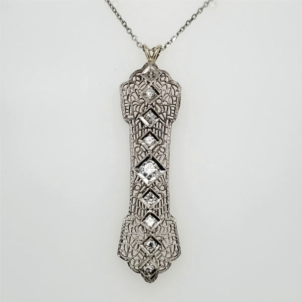 Art Deco 14kt White Gold Diamond Filigree Necklace