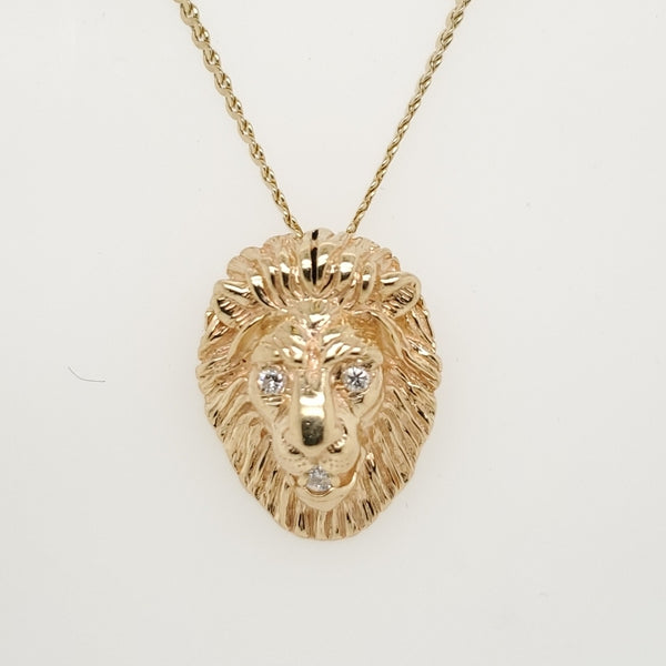 14kt Yellow Gold and Diamond Lions Head Pendant Necklace