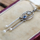 Art Deco Platinum Sapphire Diamond and Natural Pearl Pendant Necklace