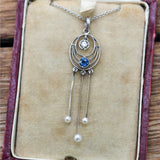 Art Deco Platinum Sapphire Diamond and Natural Pearl Pendant Necklace