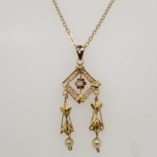 Antique Victorian 10kt Yellow Gold Pearl and Mine Cut Diamond Pendant Necklace
