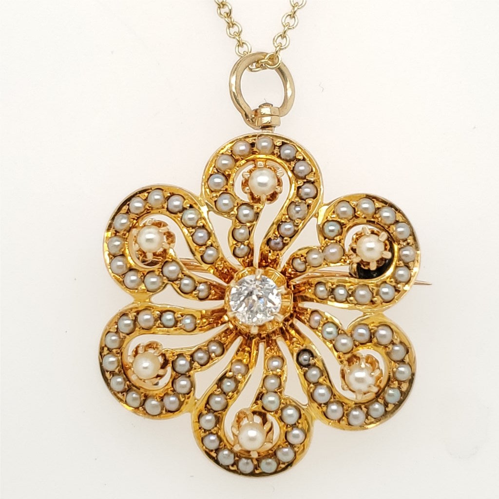 Antique Victorian 14Kt Gold Pearl And Diamond Starburst Brooch Pendant