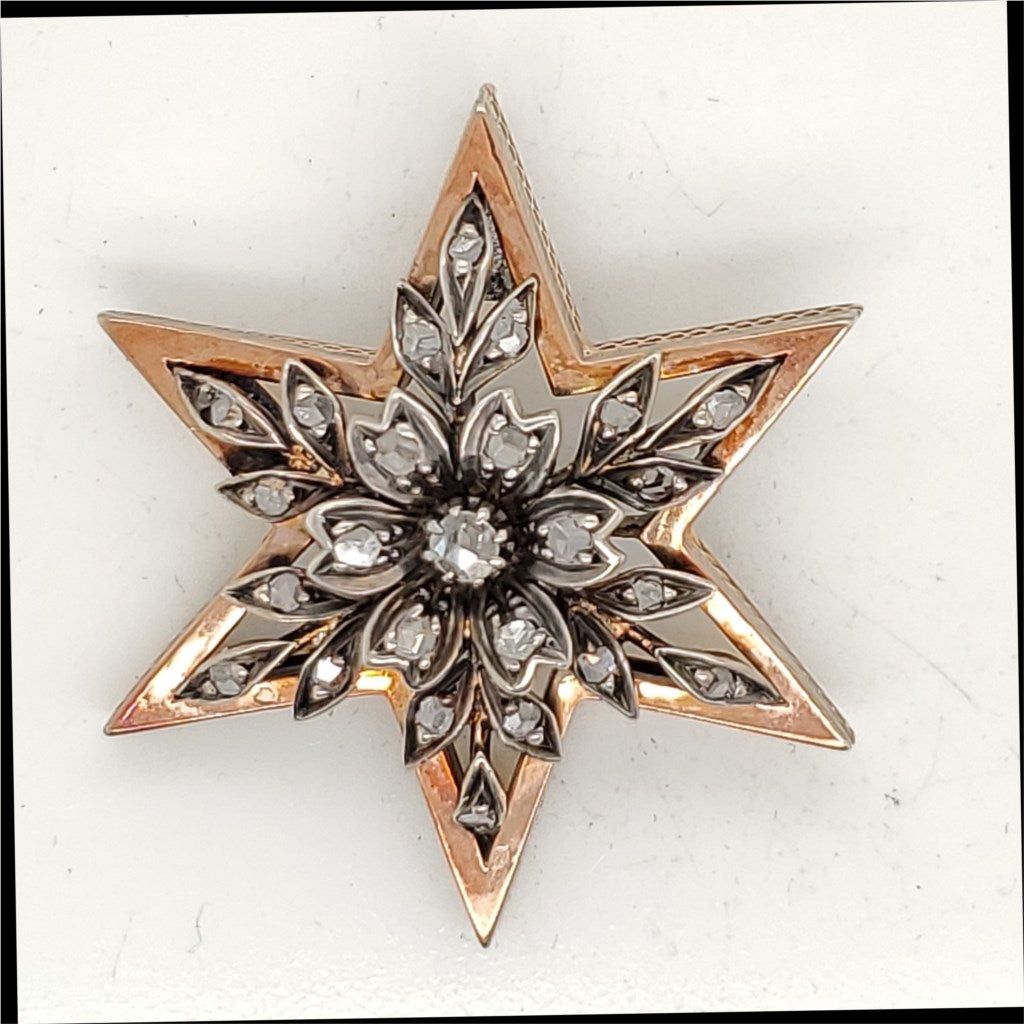 Victorian Silver On 14Kt Rose Gold Diamond Star Pendant Necklace