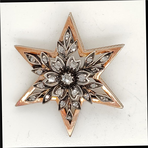 Victorian Silver On 14Kt Rose Gold Diamond Star Pendant Necklace
