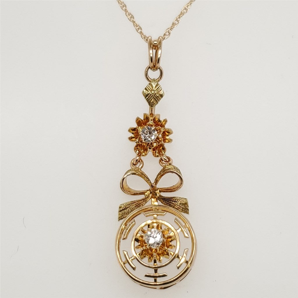 Antique Victorian 14kt Yellow Gold and Mine Cut Diamond Pendant Necklace