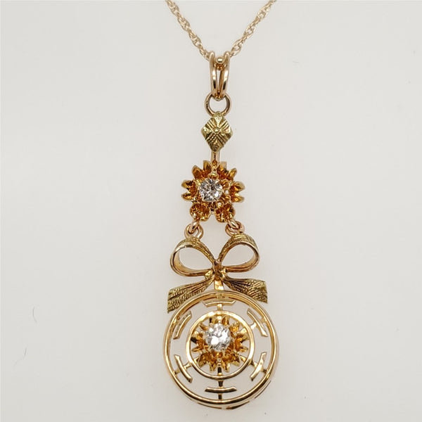 Antique Victorian 14kt Yellow Gold and Mine Cut Diamond Pendant Necklace