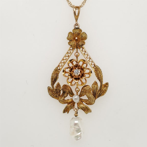 Antique Victorian 10kt Yellow Gold Pearl and Diamond Pendant Necklace