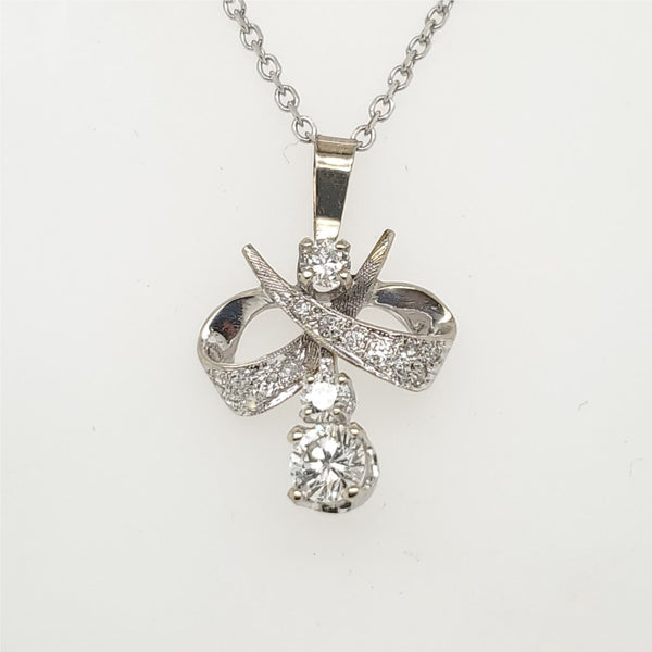 Vintage 14kt White Gold and Diamond Bow Pendant Necklace