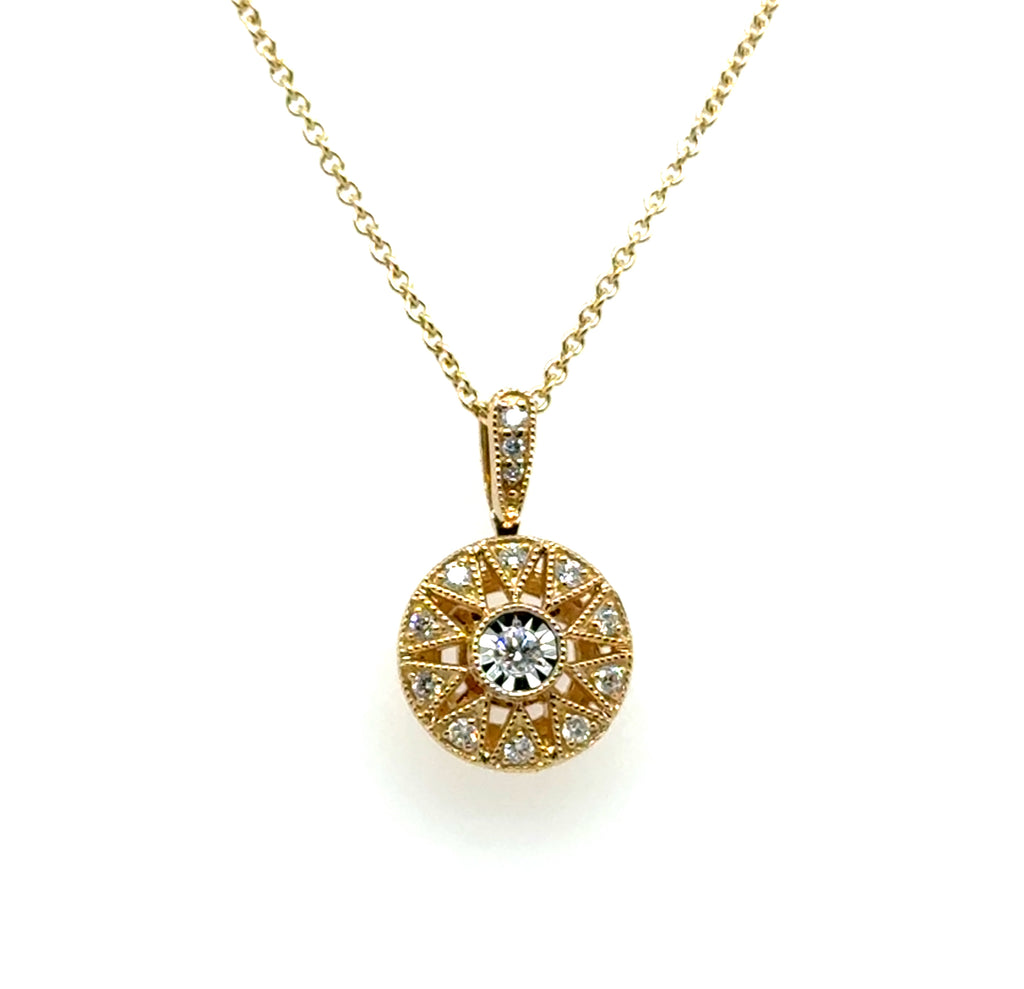 0.16 Ctw 14Kt Yellow Gold Round Filigree Diamond Pendant On Chain