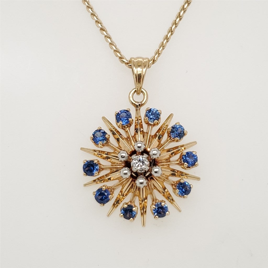 Vintage 14kt Yellow Gold Diamond and Sapphire Sun Burst Pendant Necklace
