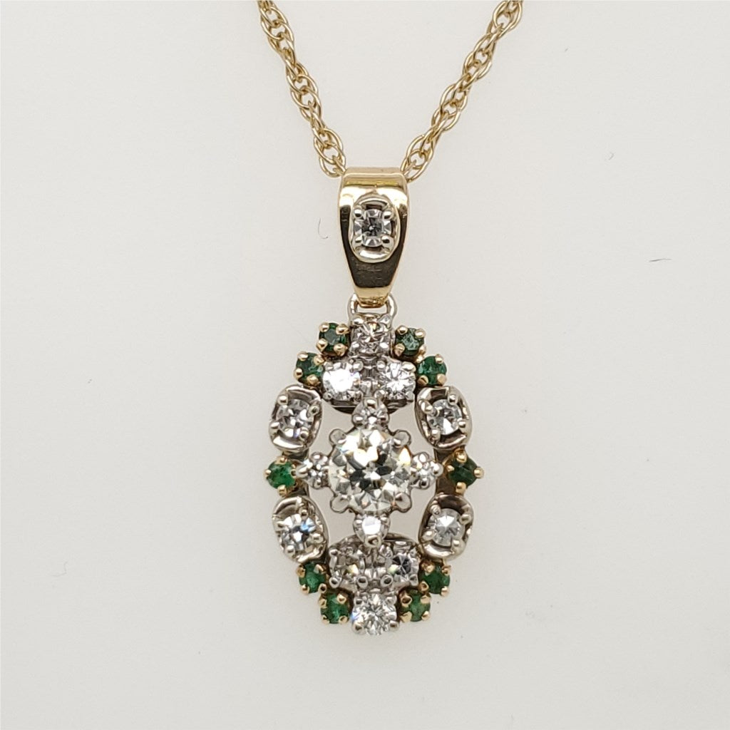 Vintage 14Kt White Gold Diamond And Emerald Pendant Necklace