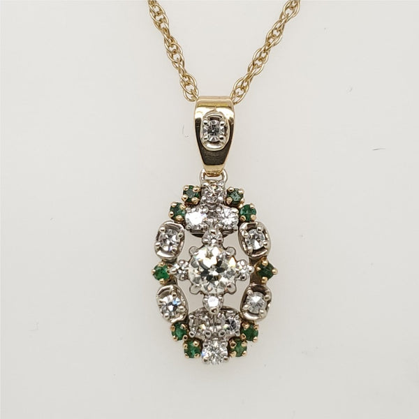 Vintage 14Kt White Gold Diamond And Emerald Pendant Necklace
