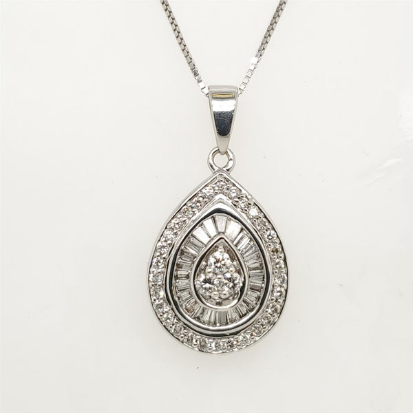 14kt White Gold Round and Baguette Diamond Pendant Necklace