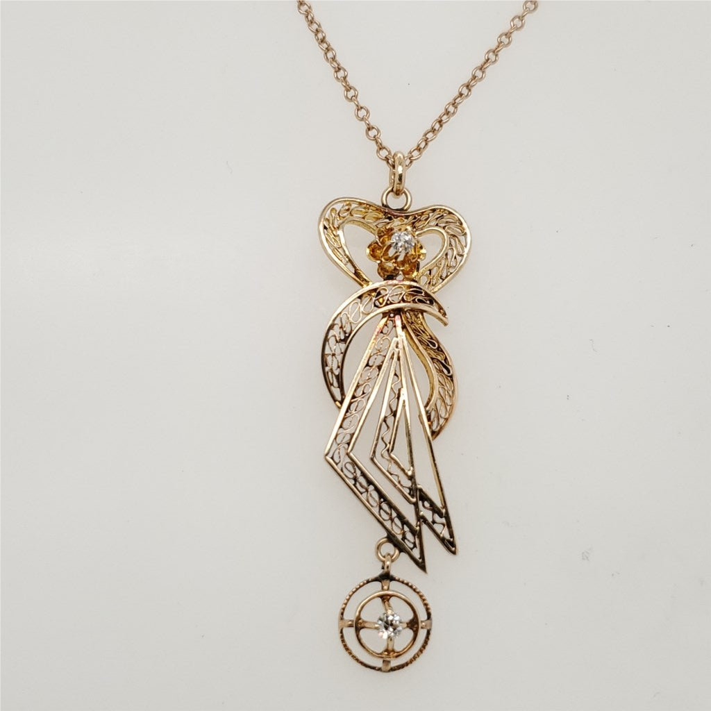 Antique Victorian 14kt Yellow Gold and Mine Cut Diamond Pendant Necklace