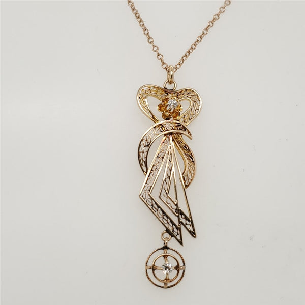 Antique Victorian 14kt Yellow Gold and Mine Cut Diamond Pendant Necklace