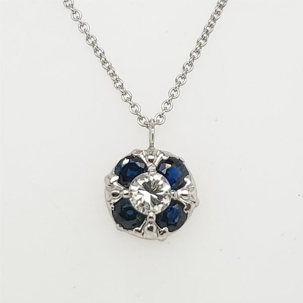 Vintage 14kt White gold Diamond and Sapphire Pendant Necklace