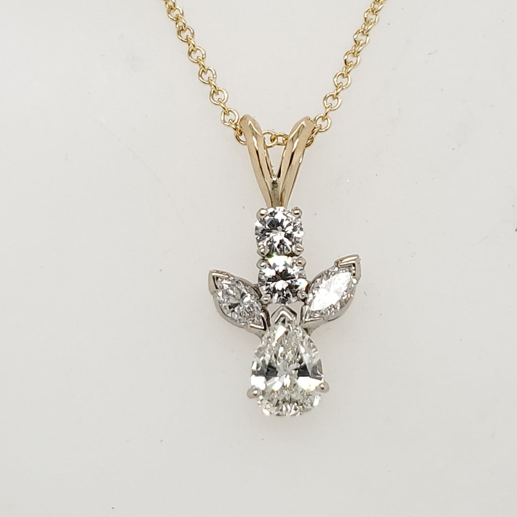 14Kt Yellow Gold Pear Marquise And Round Brilliant Cut Diamond Pendant