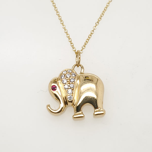 18kt Yellow Gold Diamond and Ruby Elephant Pendant