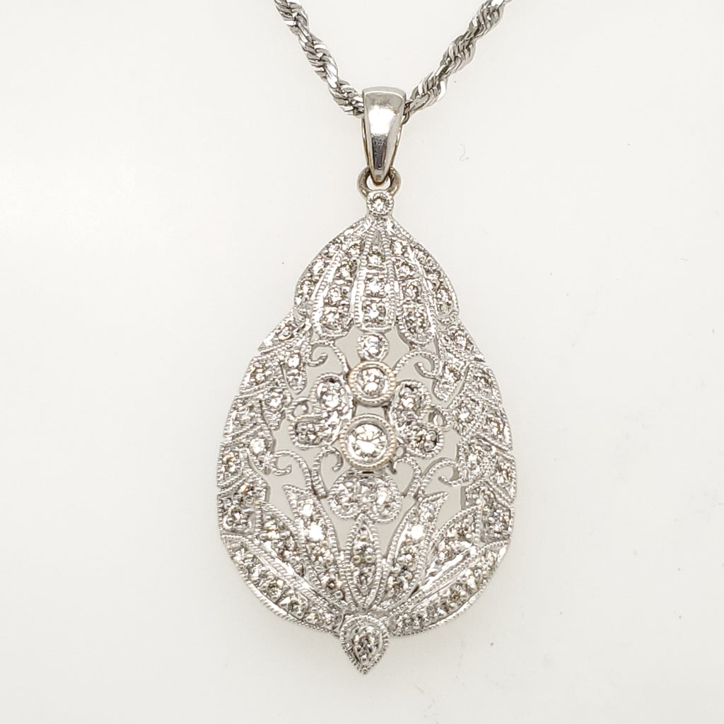 Modern 18kt White Gold and Diamond Filigree Pendant Necklace