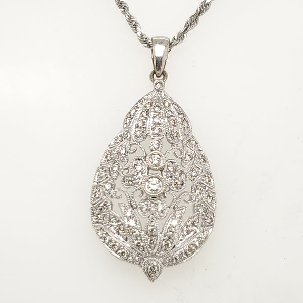 Modern 18kt White Gold and Diamond Filigree Pendant Necklace