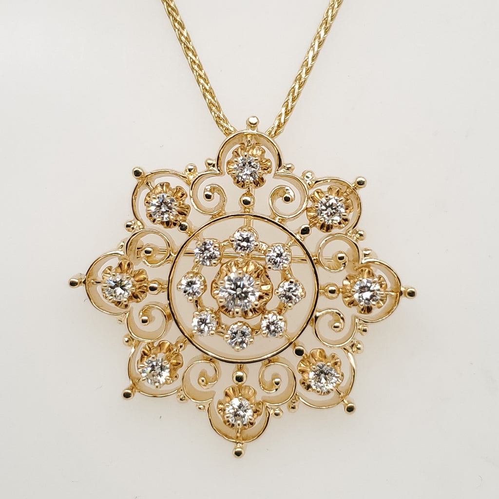 Vintage 14Kt Yellow Gold And Diamond Starburst Design Pendant/Brooch