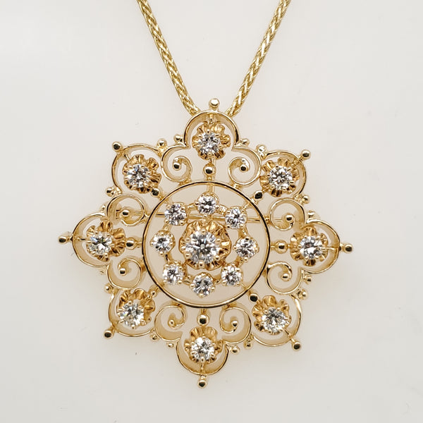 Vintage 14Kt Yellow Gold And Diamond Starburst Design Pendant/Brooch