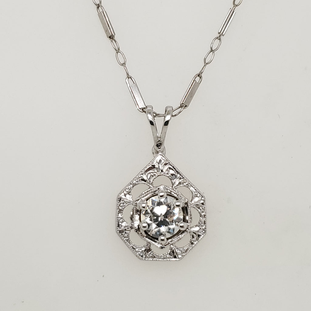 Art Deco 14Kt White Gold And Diamond Lavalier Pendant Necklace