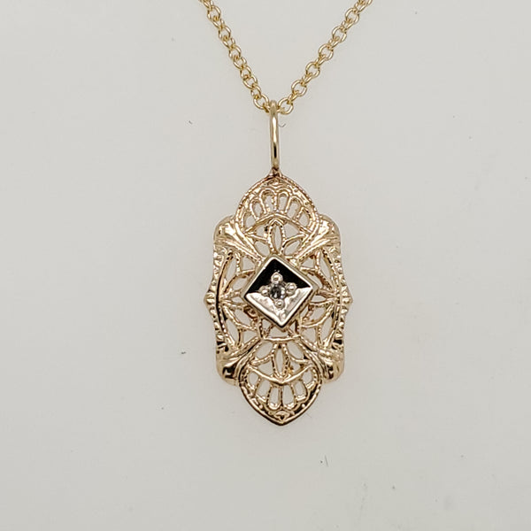 Art Deco 14kt Yellow Gold and Diamond Filigree Pendant Necklace