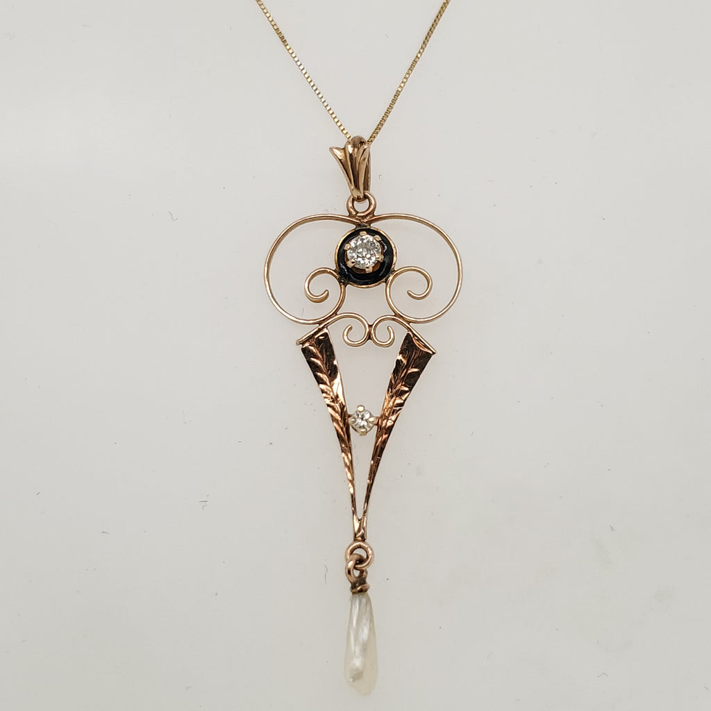 Antique Victorian 10kt Yellow Gold Pearl and Diamond Pendant Necklace