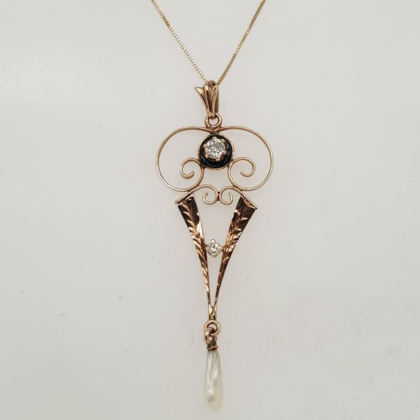 Antique Victorian 10kt Yellow Gold Pearl and Diamond Pendant Necklace