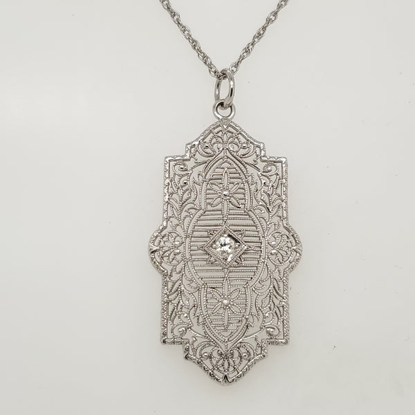 Art Deco 14Kt White Gold And Diamond Lavalier Pendant Necklace