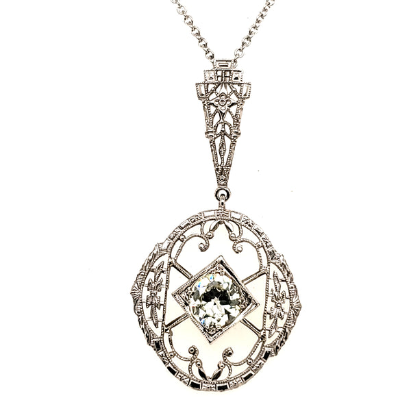 Art Deco 14Kt White Gold And Diamond Lavalier Pendant Necklace